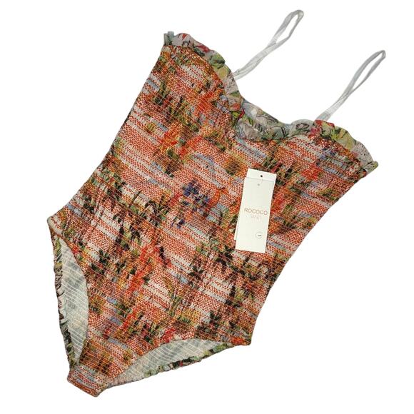 Rococo Sand Size Small Ruffle Smocked Floral Bodysuit Straps Orange‎ Sunset - Picture 2 of 12
